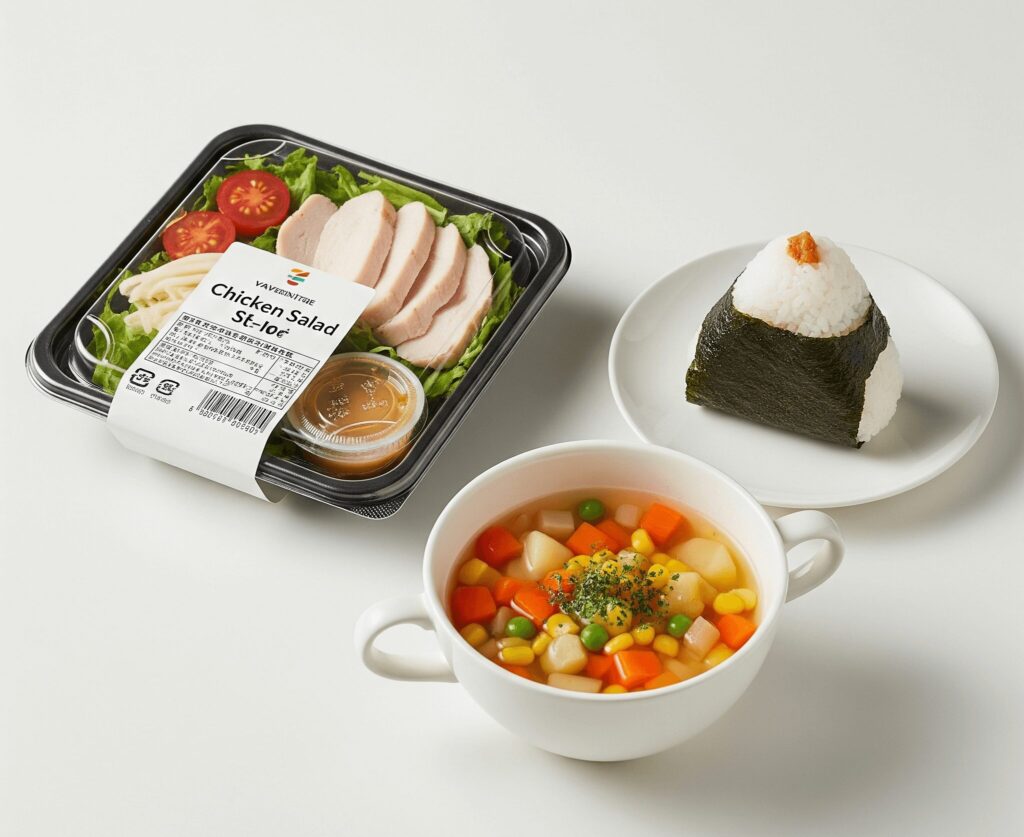 コンビニのサラダチキンと野菜スープとおにぎり