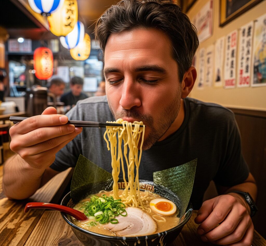 ラーメンを食べている中年男性
