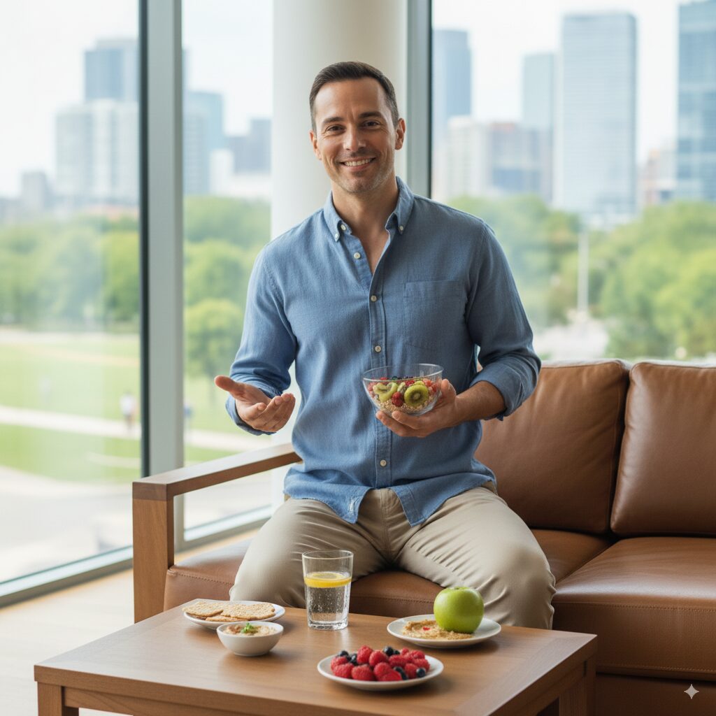 適切な間食で健康を手に入れた中年男性