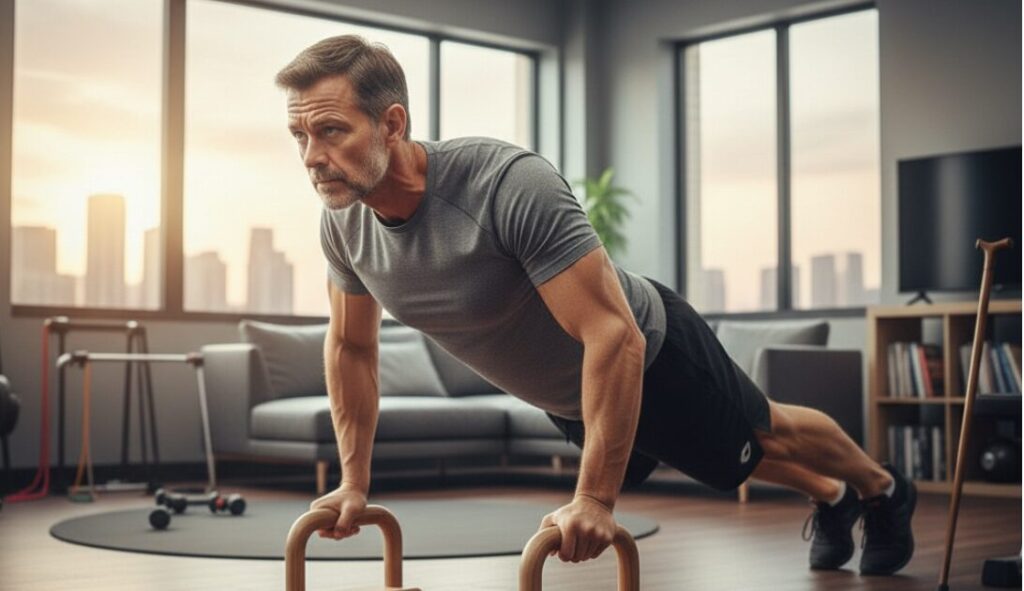 筋トレをする中年男性